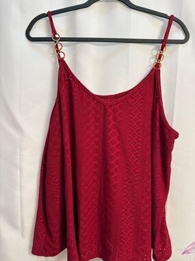 Red Lace-Pattern eyelet tank Top with Gold Ring Straps